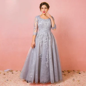 Chic Beautiful Grey Plus Size Evening Dresses 2018 A Line Princess Tulle U Neck Appliques Backless Beading Handmade Evening Party Formal Dresses