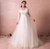 Chic / Beautiful Ivory Plus Size Wedding Dresses 2018 A-Line / Princess V-Neck Lace-up Tulle Zipper Up Appliques Backless Beading Sequins Wedding