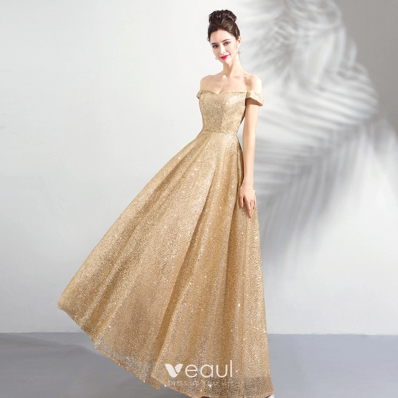 Bling Bling Gold Champagne Floor-Length / Long Evening Dresses 2018 A-Line / Princess Tulle Beading Sequins Strapless Prom Dresses Bling Bling Gold Champagne Floor-Length / Long Evening Dresses 2018 A-Line / Princess Tulle Beading Sequins Strapless Prom Dresses