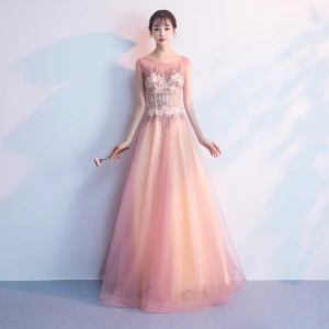 Chic Belle Rougissant Rose Longue Robe De Soirée 2018 Princesse Tulle U Cou Appliques Dos Nu Perlage Paillettes Soirée Robe De Ceremonie