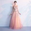 Chic / Beautiful Blushing Pink Floor-Length / Long Evening Dresses  2018 A-Line / Princess Tulle U-Neck Appliques Backless Beading Sequins Evening Party Formal Dresses