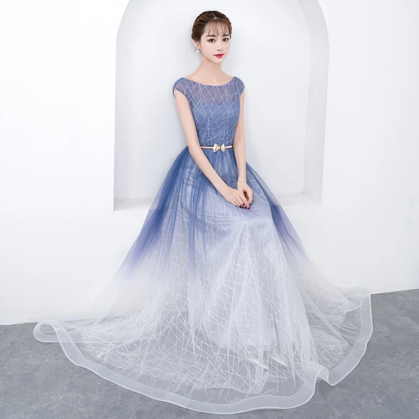 Chic / Beautiful Gradient-Color Floor-Length / Long Evening Dresses 2018 A-Line / Princess Tulle U-Neck Striped Backless Evening Party Formal Dresses
