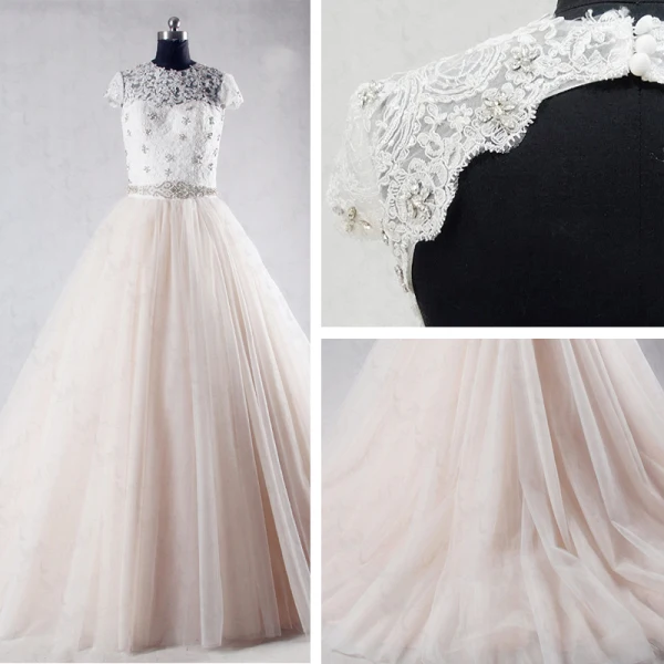 Chic / Belle Champagne Cathedral Train Mariage 2018 Princesse Transparentes Tulle Col Haut Dos Nu Perlage Plissée Faux Diamant Robe De Mariée