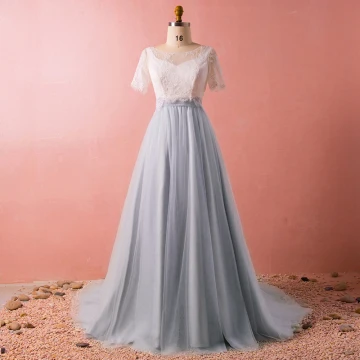 Classic Elegant Grey Plus Size Prom Dresses 2018 Lace Up Tulle V Neck With Shawl Backless Evening Party Formal Dresses