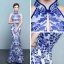 Chinese style Royal Blue Floor-Length / Long Evening Dresses  2018 High Neck Trumpet / Mermaid Charmeuse Printing Evening Party Formal Dresses