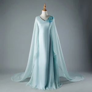 Style Chinois Bleu Ciel Chapel Train Robe De Soirée 2018 Princesse V Cou Tulle Avec Cape Appliques Perlage Soirée Robe De Ceremonie