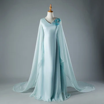 Chinese Style Sky Blue Chapel Train Evening Dresses 2018 A Line Princess V Neck Tulle With Cloak Appliques Beading Evening Party Formal Dresses