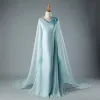 Chinese style Sky Blue Chapel Train Evening Dresses  2018 A-Line / Princess V-Neck Tulle With Cloak Appliques Beading Evening Party Formal Dresses