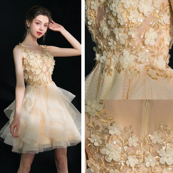 Luxury / Gorgeous Short Champagne Party Dresses 2018 Tulle A-Line / Princess V-Neck Appliques Backless Homecoming Formal Dresses