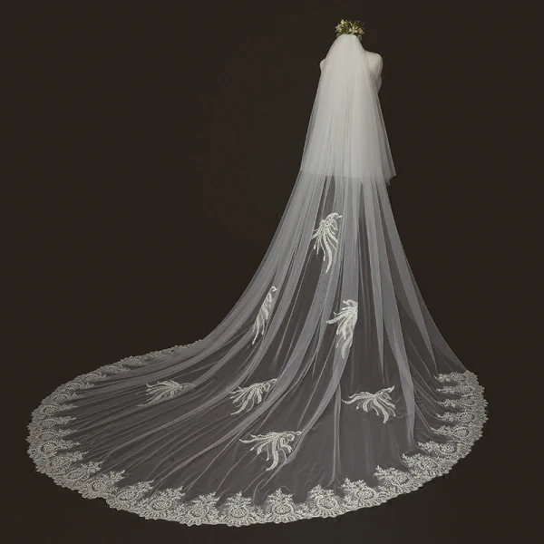 Klassisk Elegant Elfenben Cathedral Train Blonder Tyll Appliques 3 m Brudeslør 2018
