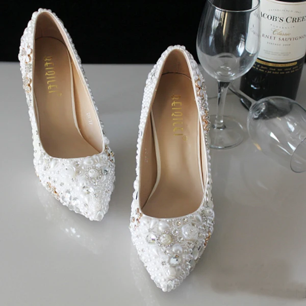 Unique Blanche 2018 Mariage Perlage Cristal Perle Faux Diamant Chaussure De Mariée