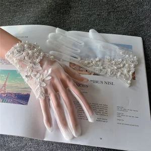 Ivory Beading Lace Pearl Tulle Wedding Chic Beautiful 2020 Accessories Bridal Gloves
