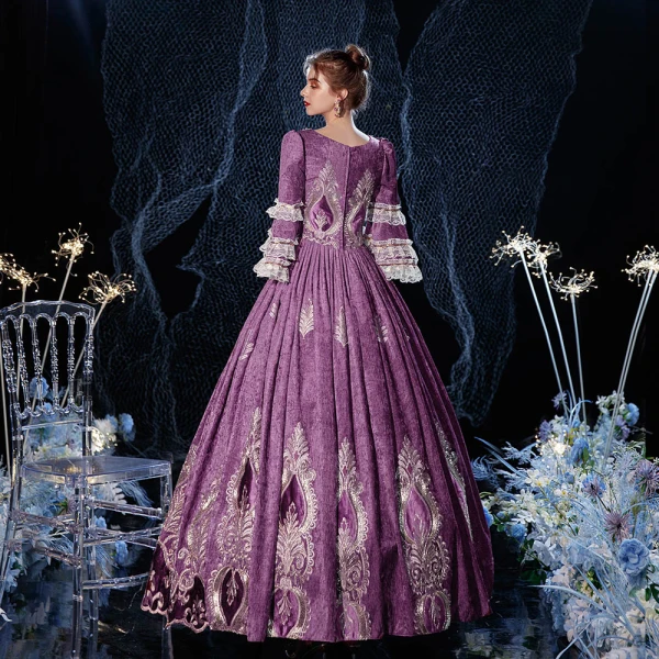 Vintage / Retro Medieval Grape Ball Gown Prom Dresses 2021 Floor-Length / Long 3/4 Sleeve U-Neck Zipper Up Handmade Beading Rhinestone 3D Lace Backless Prom Cosplay Formal Dresses