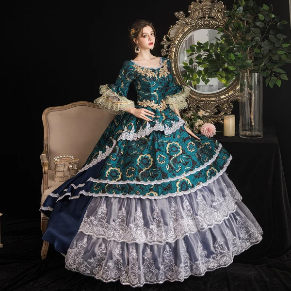 Vintage / Retro Medieval Dark Green Ball Gown Prom Dresses 2021 U-Neck Floor-Length / Long 1/2 Sleeves 3D Lace Flower Printing Cosplay Prom Formal Dresses