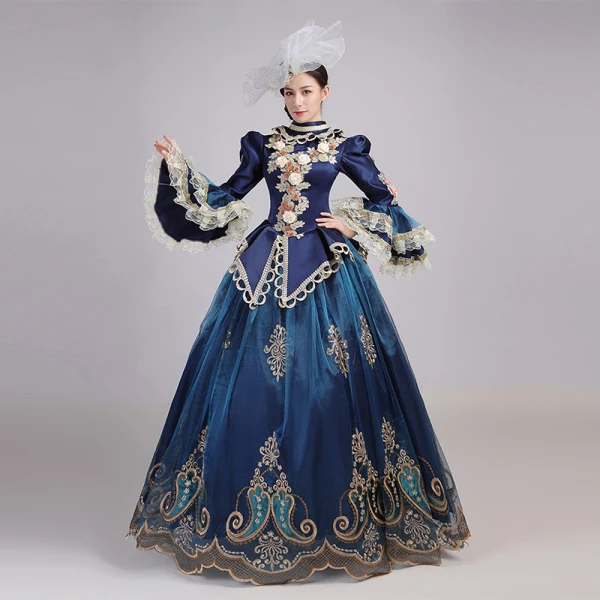 Vintage / Retro Medieval Navy Blue Ball Gown Prom Dresses 2021 Long Sleeve High Neck Floor-Length / Long 3D Lace Flower Embroidered Cosplay Prom Formal Dresses