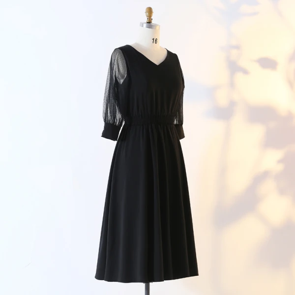 Modern / Fashion Black Plus Size Evening Dresses 2020 A-Line / Princess V-Neck Long Sleeve See-through Buttons Solid Color Tea-length Summer Evening Party Formal Dresses