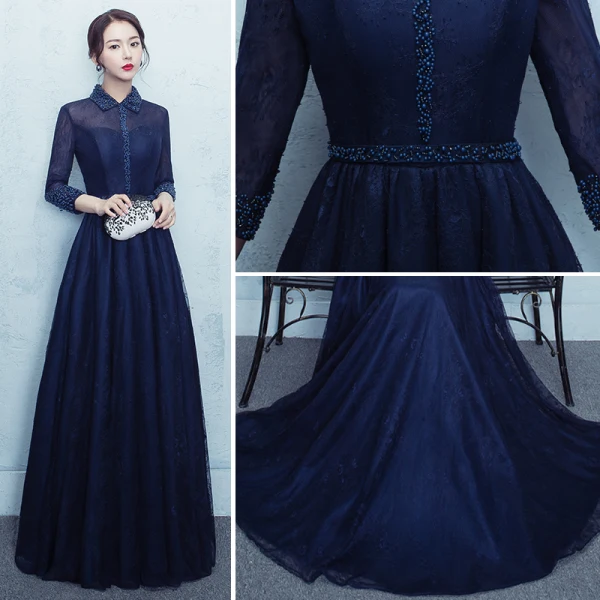 Chic / Beautiful 2017 Navy Blue Evening Dresses  U-Neck Chiffon Pearl A-Line / Princess Homecoming Formal Dresses