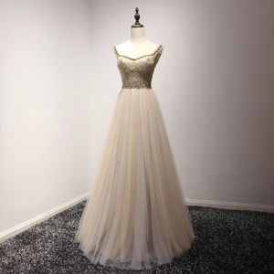 Élégant Champagne Robe De Soirée 2017 Princesse V Cou Charmeuse Appliques Dos Nu Perlage Fait Main Soirée Robe De Ceremonie