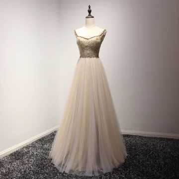 Elegant Champagne Evening Dresses 2017 A Line Princess V Neck Charmeuse Appliques Backless Beading Handmade Evening Party Formal Dresses