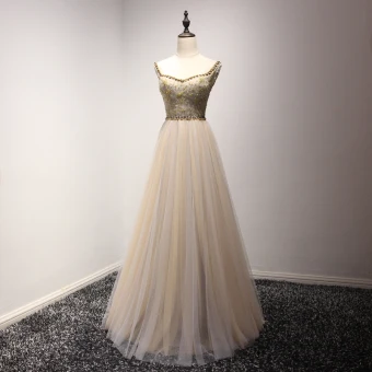 Elegant Champagne Evening Dresses 2017 A Line Princess V Neck Charmeuse Appliques Backless Beading Handmade Evening Party Formal Dresses