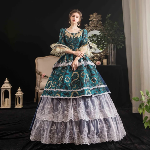 Vintage / Retro Medieval Dark Green Ball Gown Prom Dresses 2021 U-Neck Floor-Length / Long 1/2 Sleeves 3D Lace Flower Printing Cosplay Prom Formal Dresses