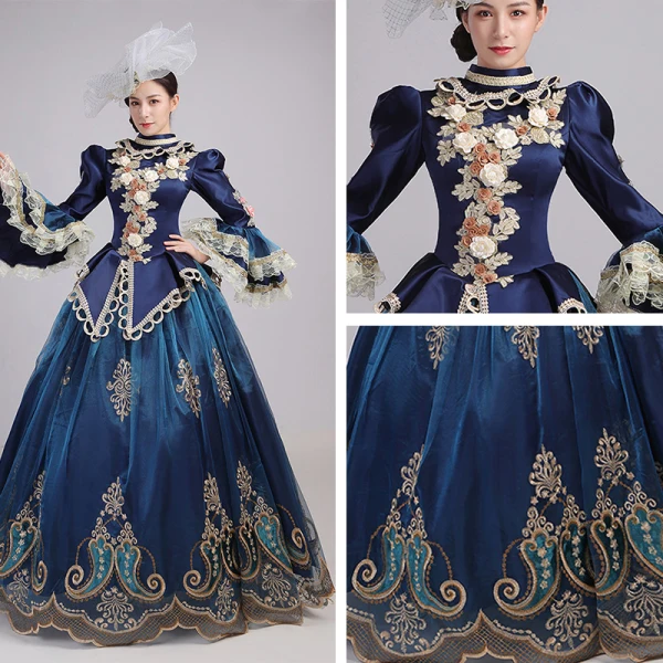 Vintage / Retro Medieval Navy Blue Ball Gown Prom Dresses 2021 Long Sleeve High Neck Floor-Length / Long 3D Lace Flower Embroidered Cosplay Prom Formal Dresses