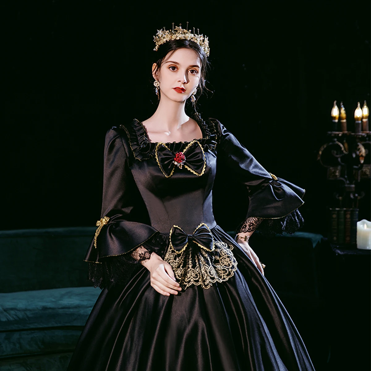 Vintage Retro Medieval Gothic Baroque Black Evening Dresses 2021 Crossed Straps Lace