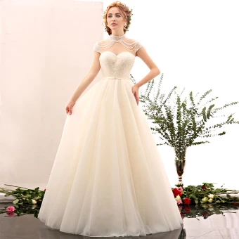 Amazing Unique Champagne Wedding 2017 A Line Princess Organza High Neck Heart Shaped Backless Beading Wedding Dresses