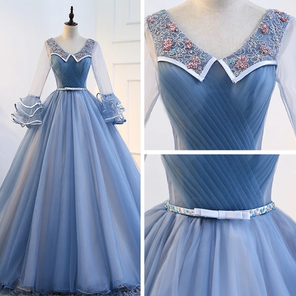 Classic Elegant Sky Blue Prom Dresses 2017 Ball Gown Tulle V-Neck Appliques Backless Beading Prom Formal Dresses