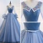 Classic Elegant Sky Blue Prom Dresses 2017 Ball Gown Tulle V-Neck Appliques Backless Beading Prom Formal Dresses