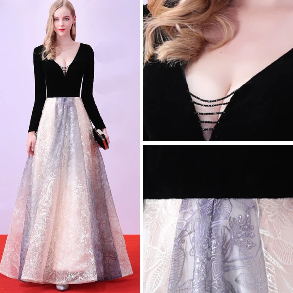 Chic / Beautiful Black Evening Dresses  2018 A-Line / Princess Floor-Length / Long Tulle V-Neck Beading Printing Evening Party Formal Dresses