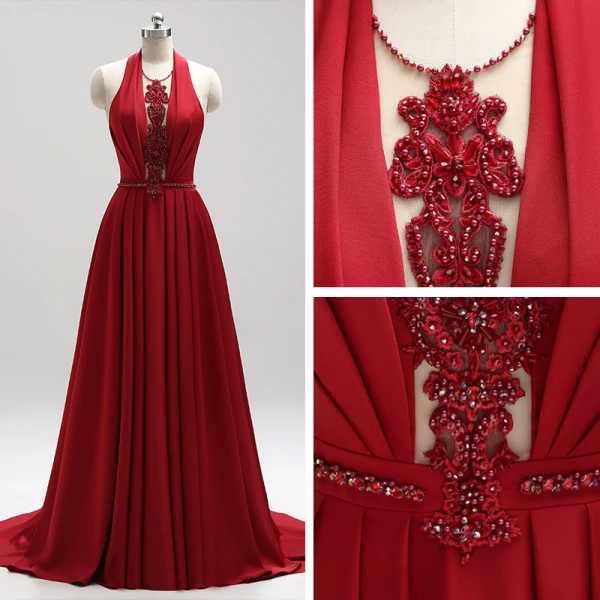 Amazing / Unique Burgundy Evening Dresses 2018 A-Line / Princess Halter Charmeuse Appliques Backless Beading Crystal Evening Party Formal Dresses