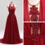 Amazing / Unique Burgundy Evening Dresses  2018 A-Line / Princess Halter Charmeuse Appliques Backless Beading Crystal Evening Party Formal Dresses