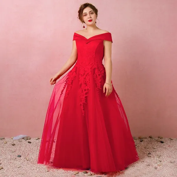 Classique Élégant Rouge Grande Taille Robe De Soirée 2018 Princesse Lacer Tulle Printemps Appliques Dos Nu Bustier Soirée Robe De Ceremonie