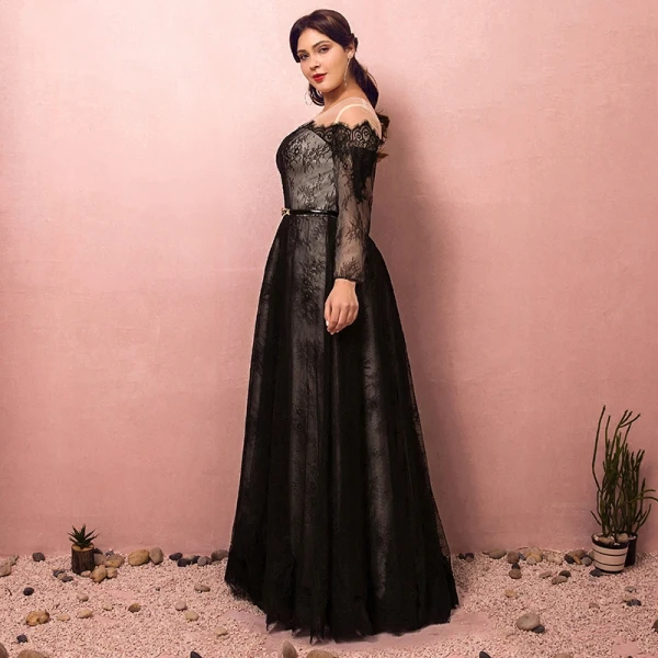 black plus size formal dress Plus Size Black Long Sleeve Sequin 3D Roses Trumpet Prom Dress main image 1