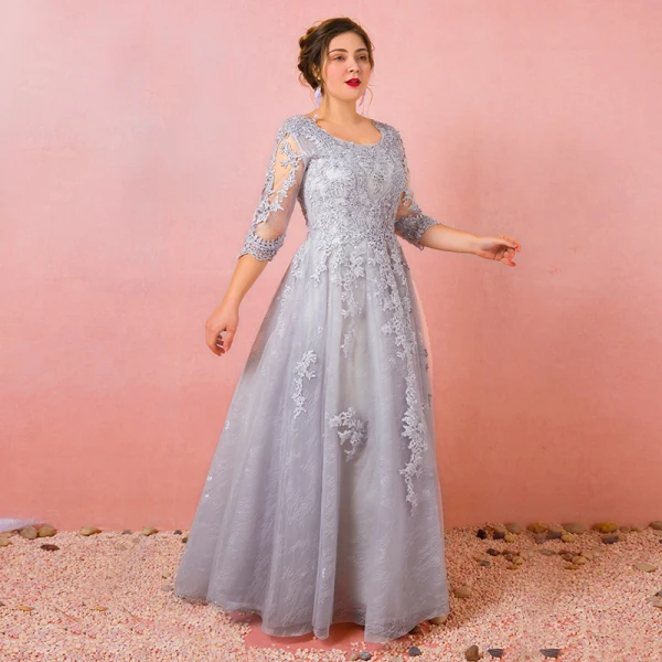 Chic / Belle Gris Grande Taille Robe De Soirée 2018 Princesse Tulle U-Cou Appliques Dos Nu Perlage Fait main Soirée Robe De Ceremonie