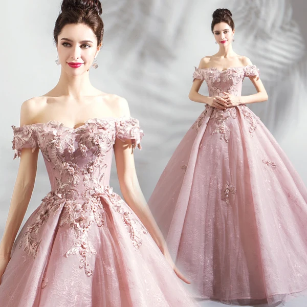 Amazing / Unique Blushing Pink Floor-Length / Long Prom Dresses 2018 Lace-up Tulle Appliques Backless Beading Strapless Ball Gown Formal Dresses