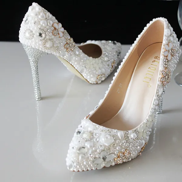 Charming Gold Pearl Rhinestone Wedding Shoes 2020 Leather Ankle