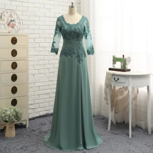 Modest Simple Green A Line Princess Mother Of The Bride Dresses 2019 Chiffon Lace V Neck Embroidered Appliques Backless Handmade Sweep Train Church Wedding Party Dresses
