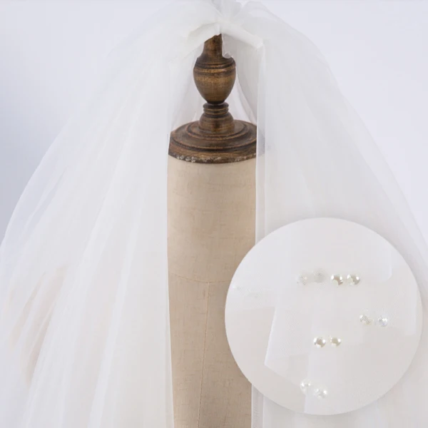 Enkel Hvit Bryllup Tyll Beading Perle Korte Brudeslør 2019
