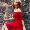 Chic / Beautiful 2017 1/2 Sleeves Red Crossed Straps Appliques Rhinestone Polyester Strapless Cocktail Party Evening Party Summer Graduation Dresses