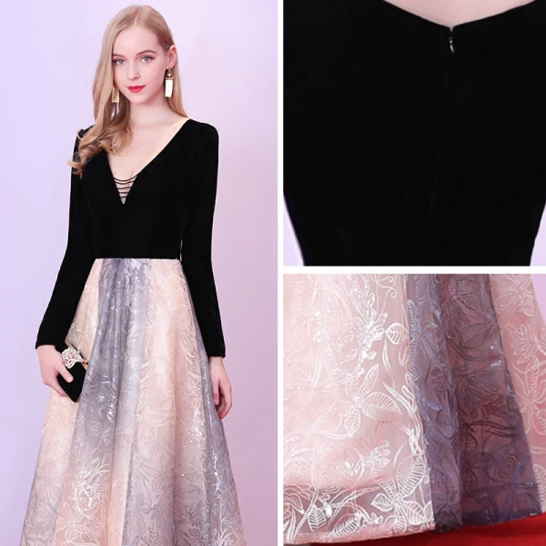 Chic / Beautiful Black Evening Dresses  2018 A-Line / Princess Floor-Length / Long Tulle V-Neck Beading Printing Evening Party Formal Dresses