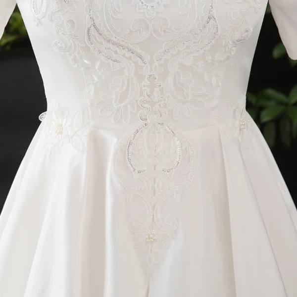 Schlicht Weiß Übergröße Brautkleider / Hochzeitskleider 2020 A Linie Einfarbig U-Ausschnitt Kurze Ärmel Handgefertigt Applikationen Rückenfreies Perlenstickerei Perle Lange Hochzeit