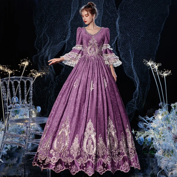 Vintage / Retro Medieval Grape Ball Gown Prom Dresses 2021 Floor-Length / Long 3/4 Sleeve U-Neck Zipper Up Handmade Beading Rhinestone 3D Lace Backless Prom Cosplay Formal Dresses