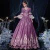 Vintage / Retro Medieval Grape Ball Gown Prom Dresses 2021 Floor-Length / Long 3/4 Sleeve U-Neck Zipper Up Handmade  Beading Rhinestone 3D Lace Backless Prom Cosplay Formal Dresses