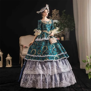 Vintage Retro Medieval Dark Green Ball Gown Prom Dresses 2021 U Neck Floor Length Long 1 2 Sleeves 3d Lace Flower Printing Cosplay Prom Formal Dresses
