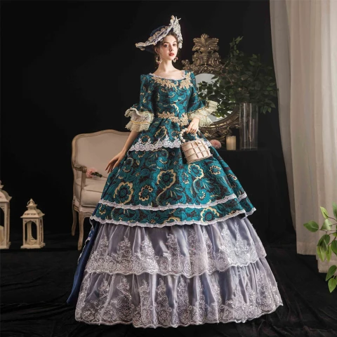 Vintage Mittelalterlich Dunkelgrün Ballkleid Ballkleider 2021 U-Ausschnitt Lange 1/2 Ärmel 3D Spitze Blumen Drucken Cosplay Ball Festliche Kleider