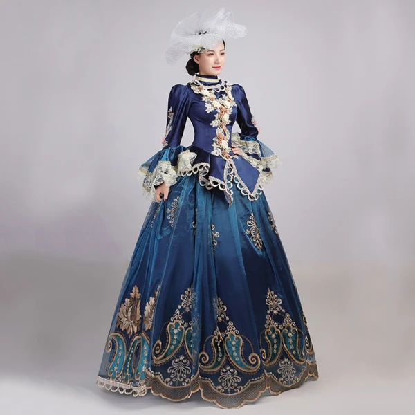 Vintage / Retro Medieval Navy Blue Ball Gown Prom Dresses 2021 Long Sleeve High Neck Floor-Length / Long 3D Lace Flower Embroidered Cosplay Prom Formal Dresses