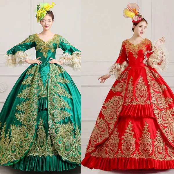 Vintage / Retro Green Puffy Ball Gown Prom Dresses 2018 3/4 Sleeve Charmeuse V-Neck Lace-up Appliques Beading Formal Dresses