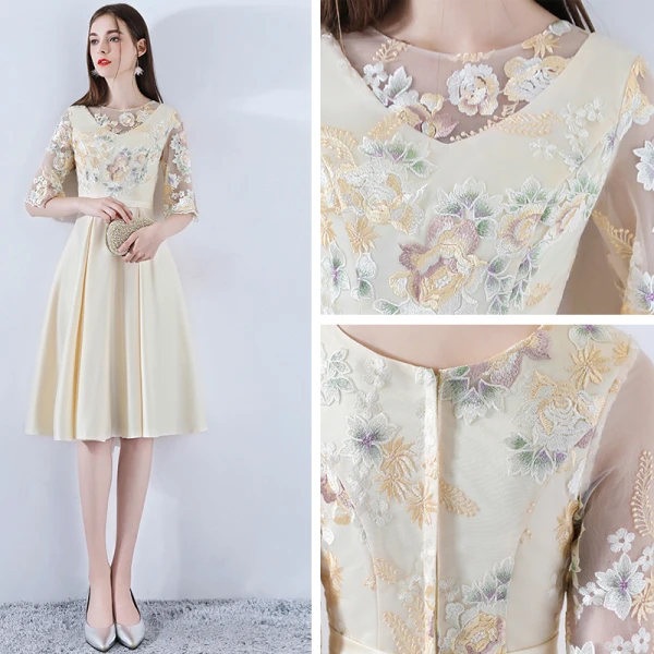 Classic Elegant Short Champagne Graduation Dresses 2018 A-Line / Princess U-Neck Charmeuse Embroidered Appliques Backless Homecoming Formal Dresses